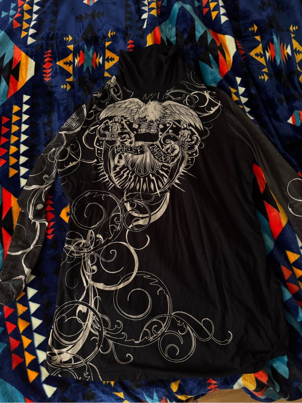 Harley-Davidson Black Hoodie with White Eagle Graphic tattoo sleeves